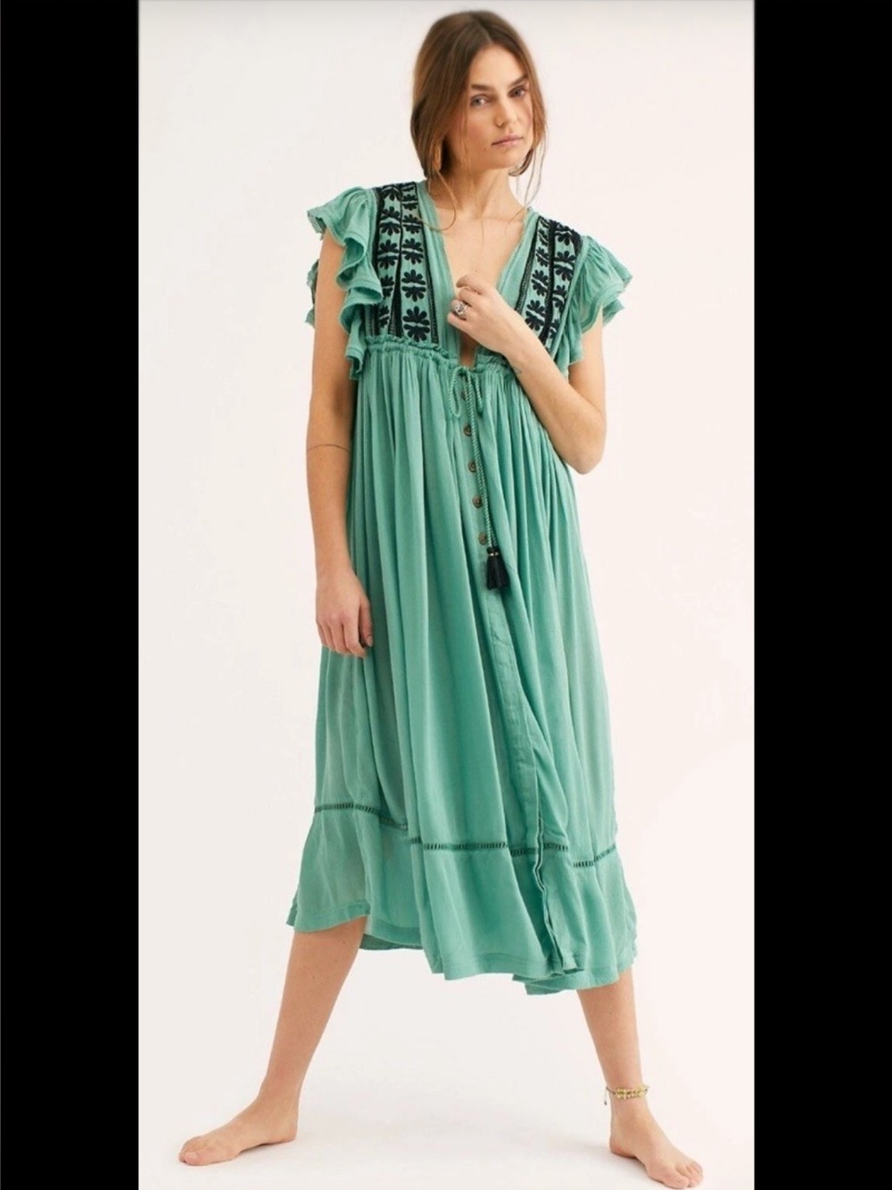 Free People Bali Will Wait For You Embroidered Midi Deep V-neck Casual Dress S